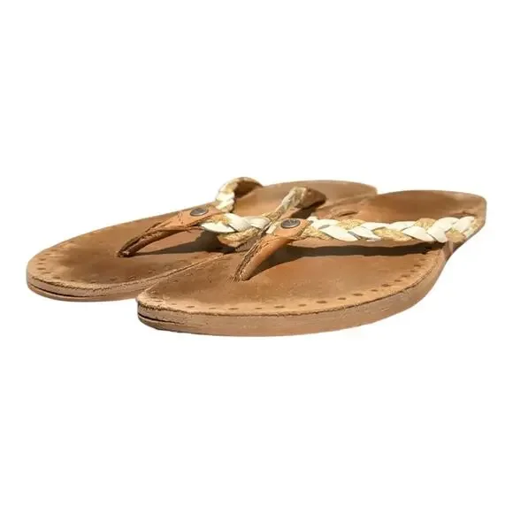 UGG Women's Thong Sandals Size 9 White Brown Flip Flop Braided Leather - Picture 1 of 7
